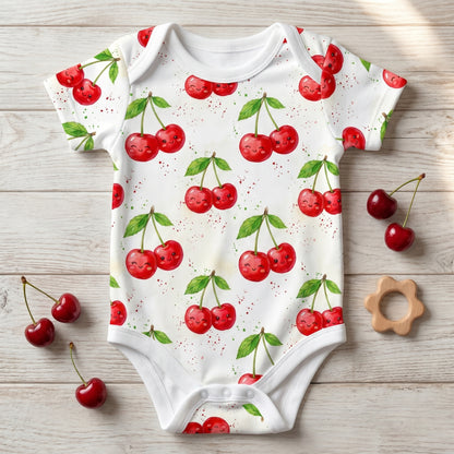 Flat lay mockup of a baby bodysuit showcasing a sweet kawaii cherry summer print.
