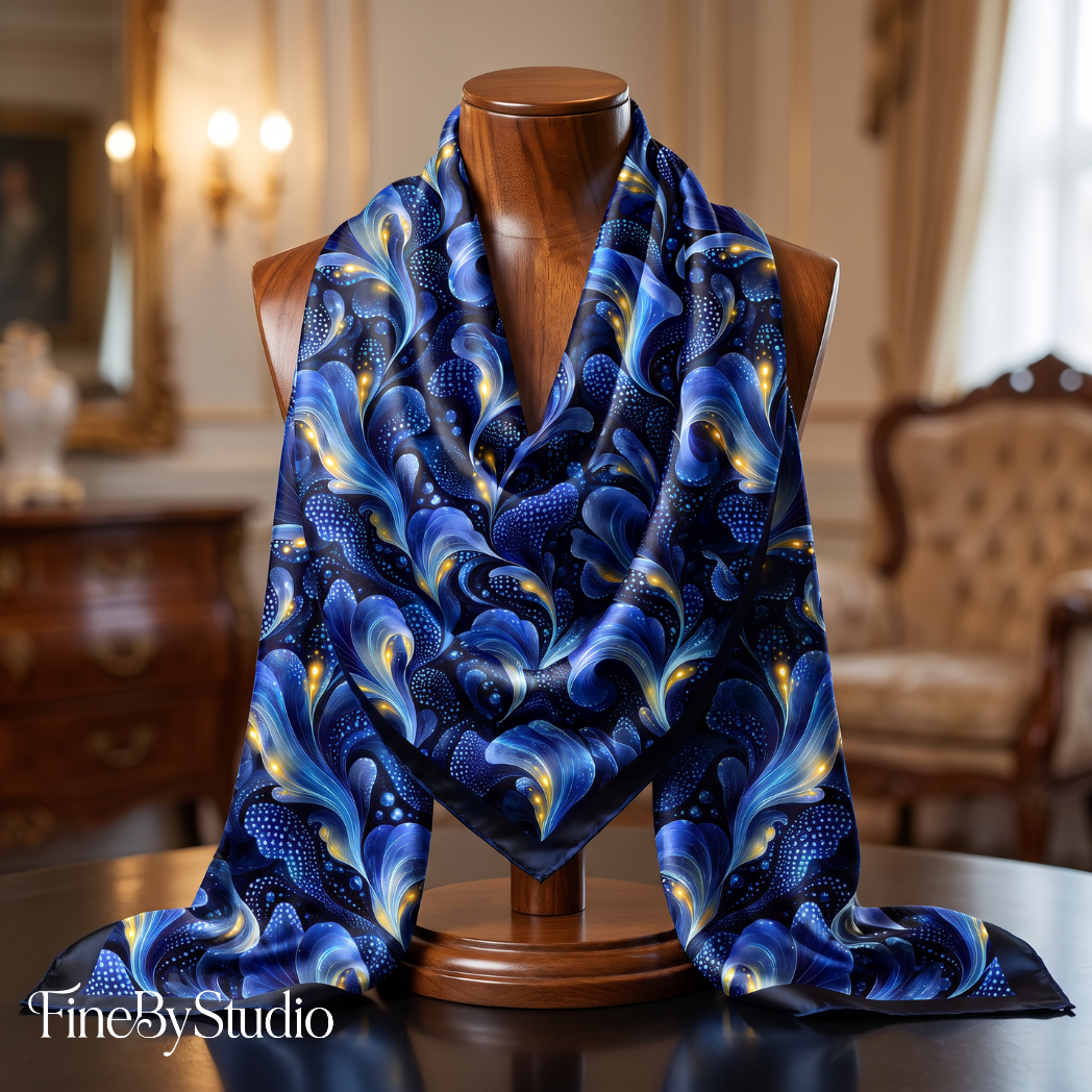 One-of-a-kind midnight blue botanical surface pattern with flowing organic forms and subtle golden accents