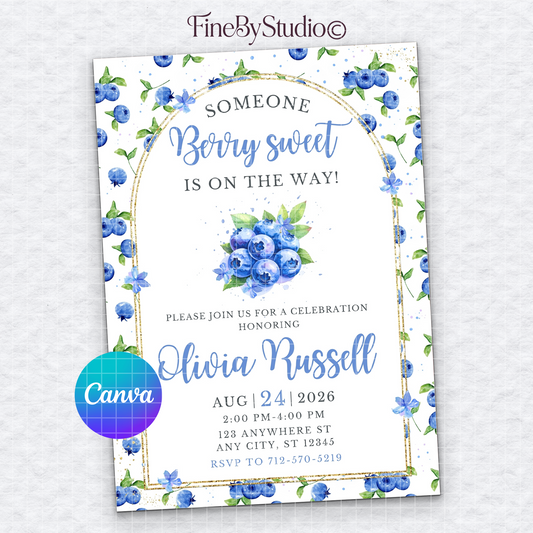 White baby shower invitation template with watercolor blueberries and text Someone Berry sweet is on the way, editable in Canva.