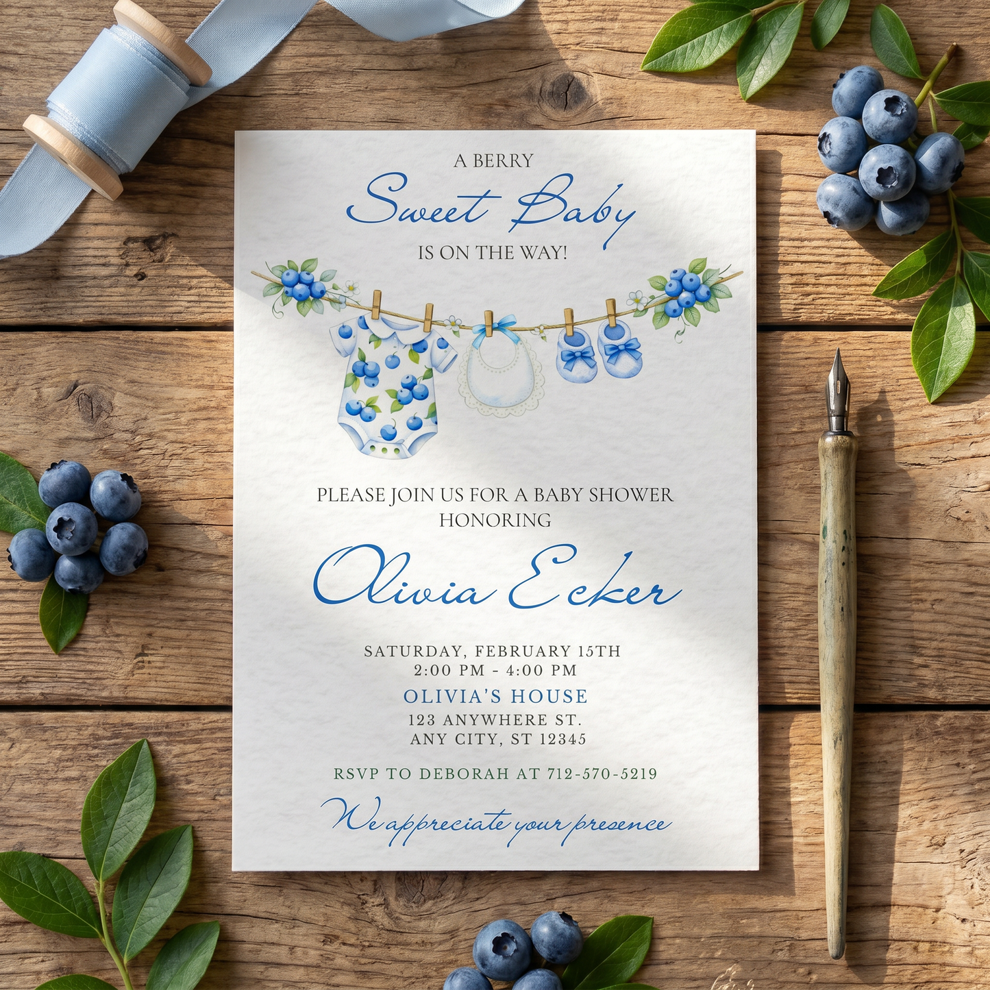 Blueberry Clothesline Baby Shower Invitation, Berry Sweet Baby Boy Invite, Editable Canva Template