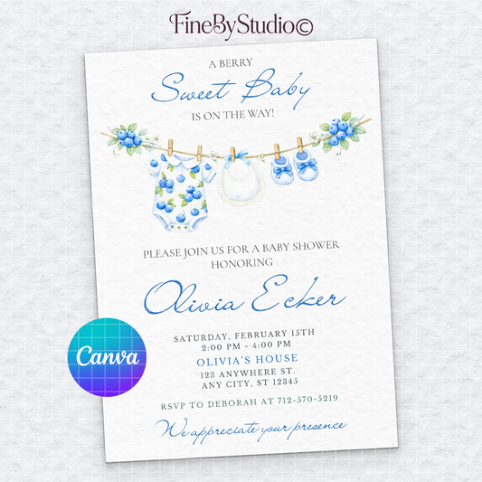 White baby shower invitation template for boys featuring a clothesline with a blueberry onesie, bib, and blue booties, editable in Canva.