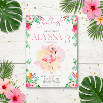 White Let's Flamingle birthday invitation template with watercolor pink flamingo and tropical flowers, editable in Canva.