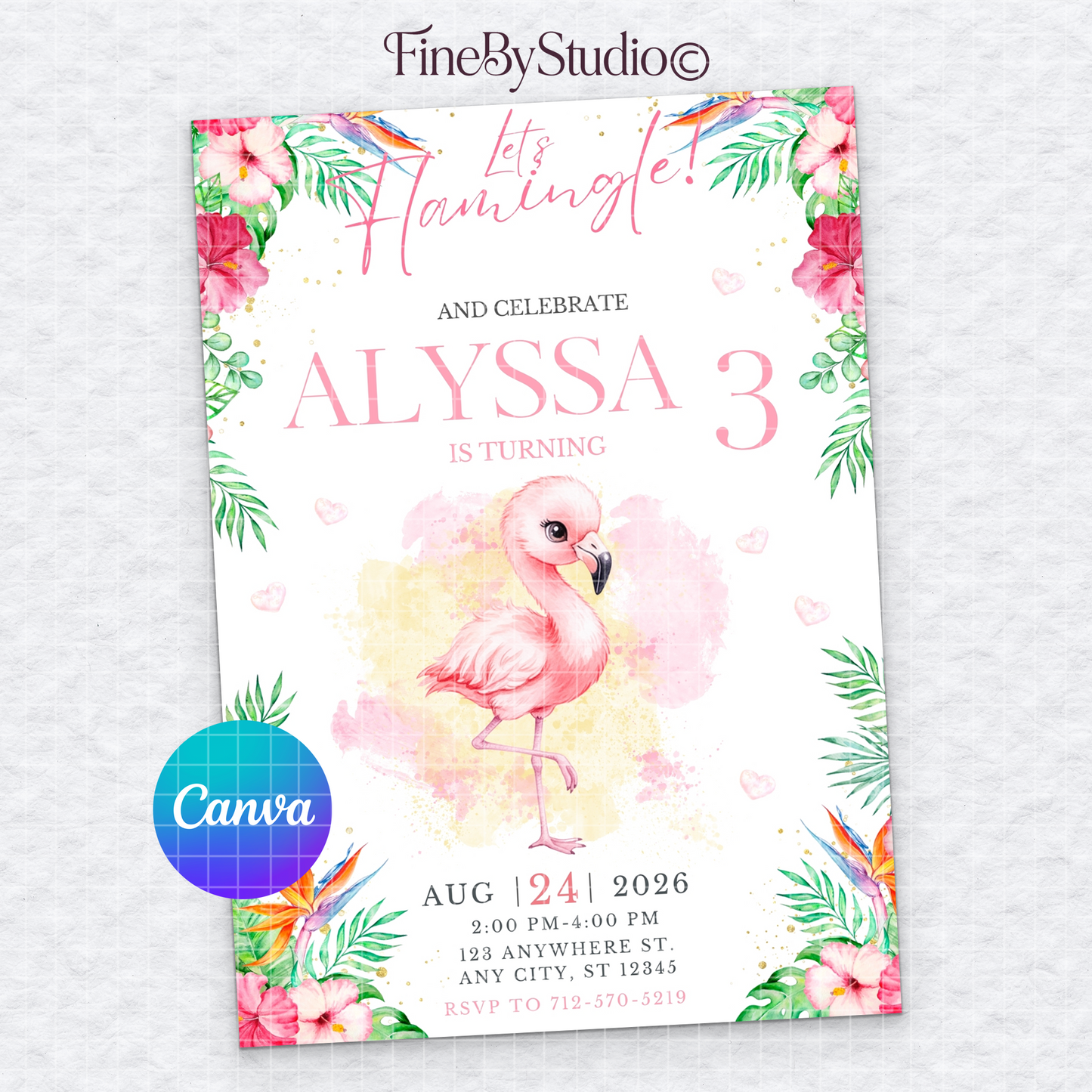 White Let's Flamingle birthday invitation template with watercolor pink flamingo and tropical flowers, editable in Canva.
