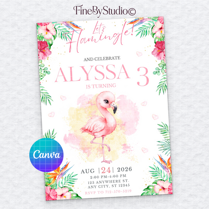 White Let's Flamingle birthday invitation template with watercolor pink flamingo and tropical flowers, editable in Canva.