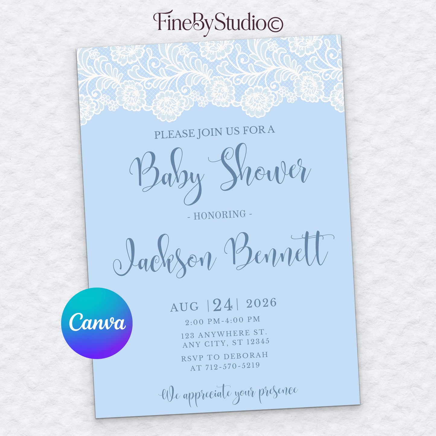Light blue baby shower invitation template with a white lace border and elegant typography, editable in Canva.
