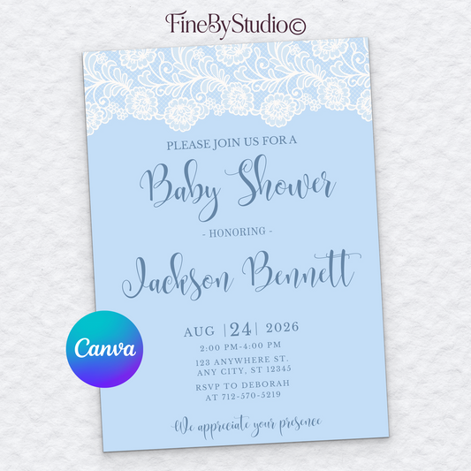 Light blue baby shower invitation template with a white lace border and elegant typography, editable in Canva.
