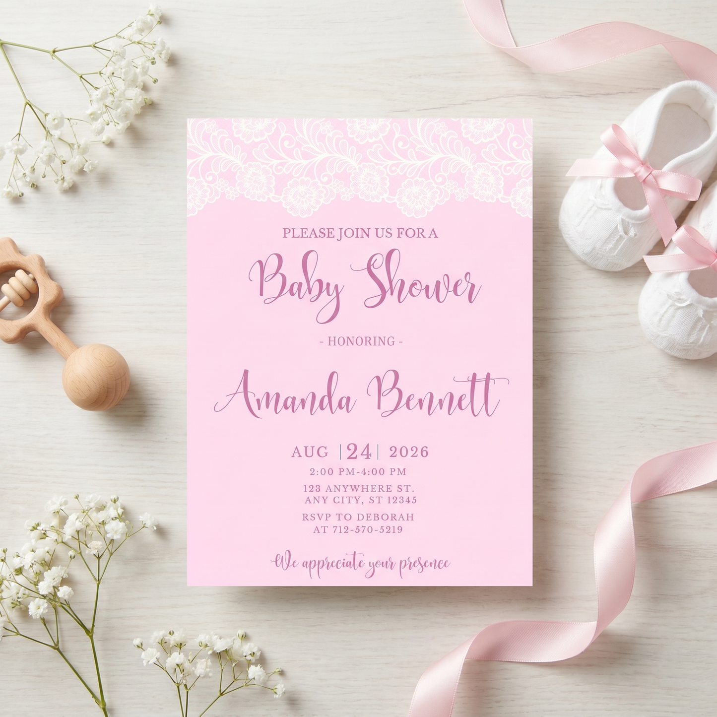 Elegant Pink Baby Shower Invitation Template, Editable Canva Invite for Girl, Printable Baby Shower Invite, Instant Download