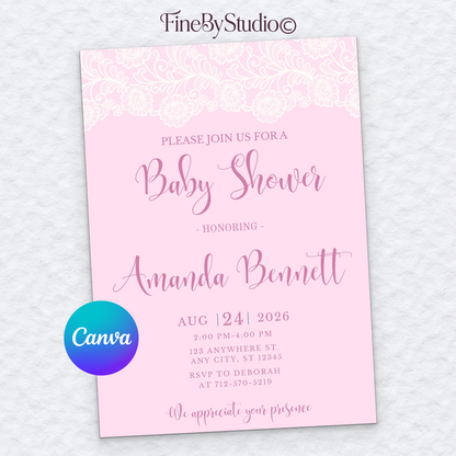 Elegant pink baby shower invitation template for a girl with classic calligraphy and beautiful soft details.