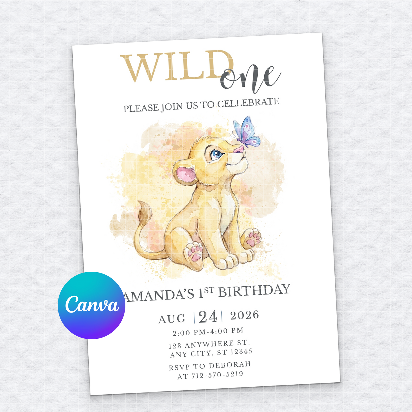 Wild One 1st birthday invitation template featuring a cute watercolor baby lion and butterfly.