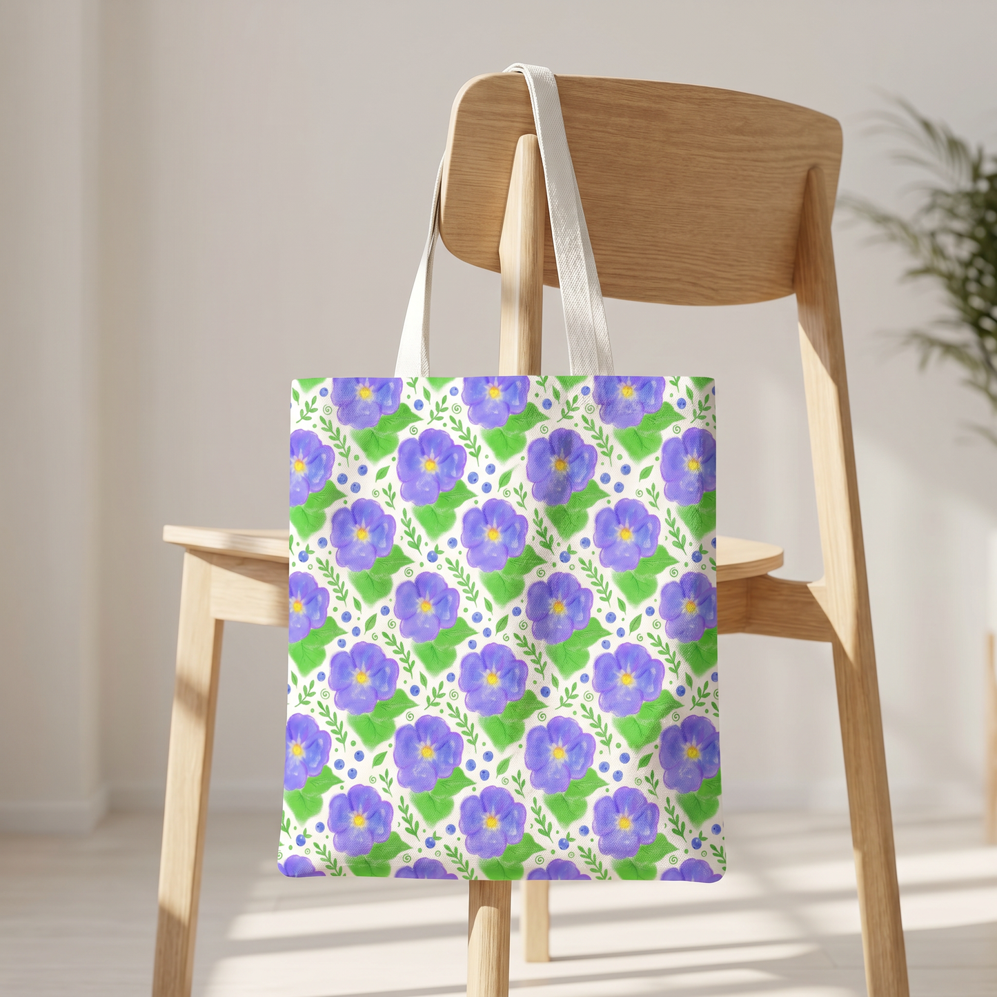 Phone case and tote bag showcasing a vibrant purple botanical seamless design.
