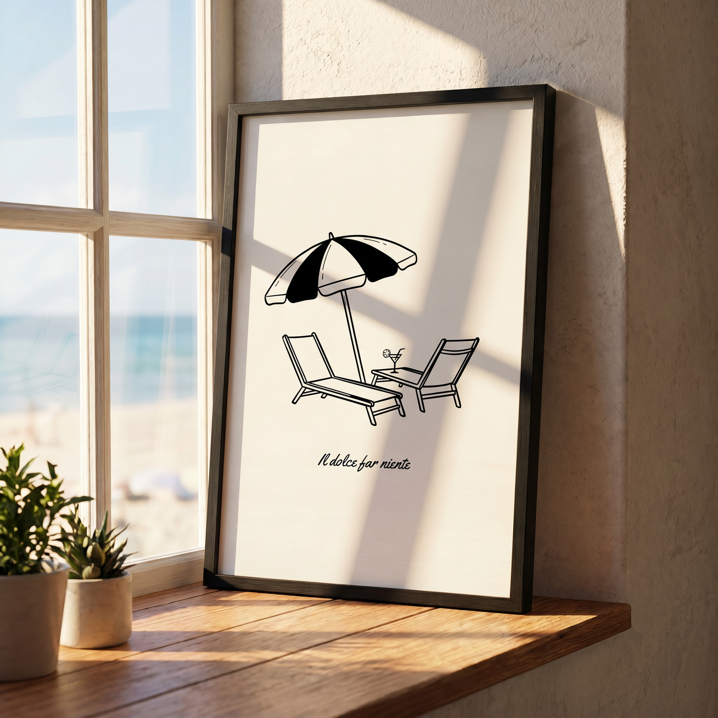 Il Dolce Far Niente Minimalist Line Art Print, Beach Chairs & Umbrella Poster, Italian Quote Printable Wall Art, Digital Download