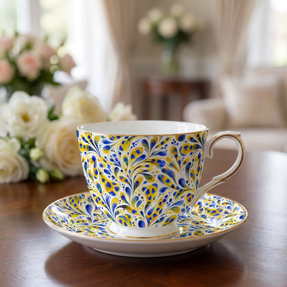 Azure and gold one-of-a-kind watercolor botanical pattern with expressive blue and yellow leaves on a white background