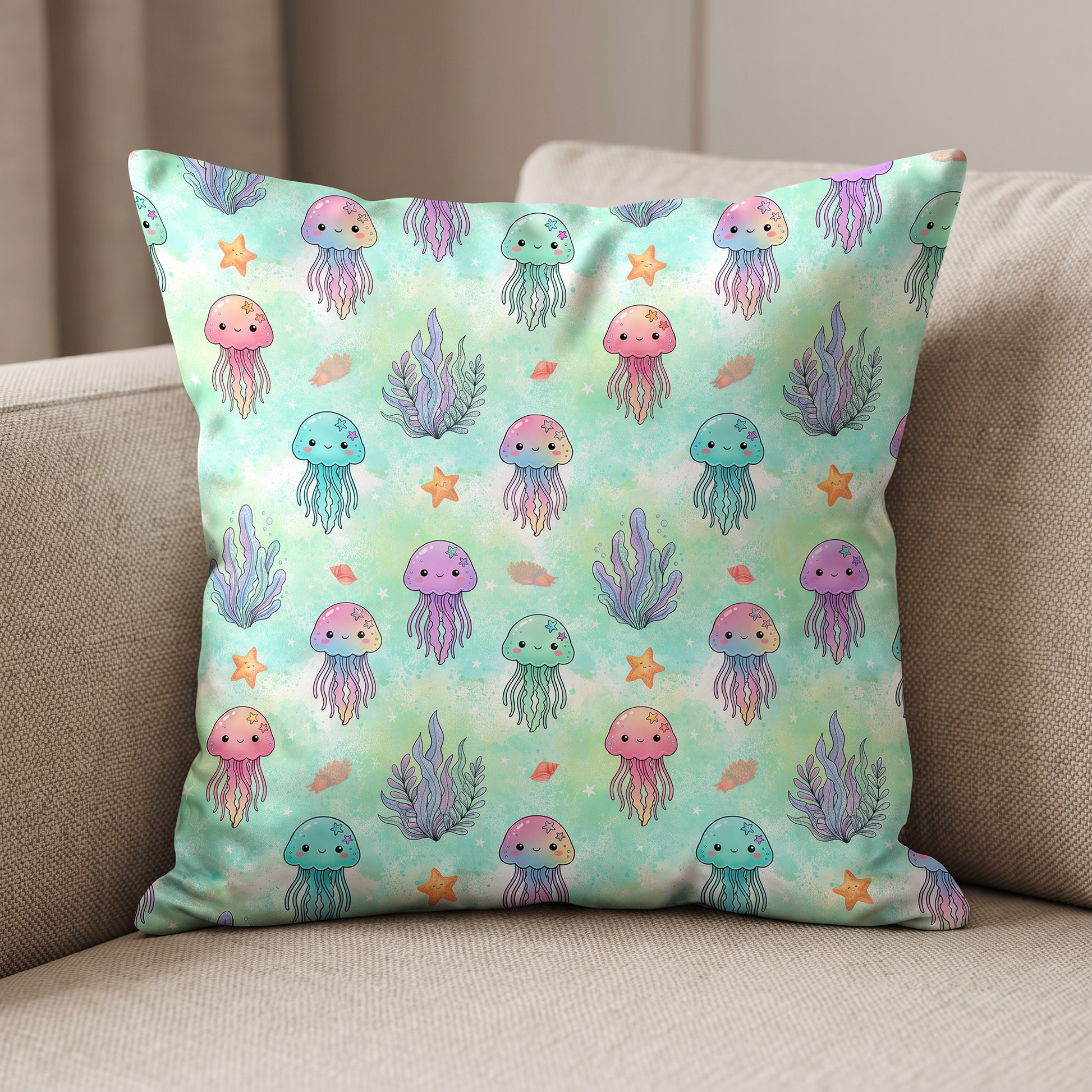 Throw pillow mockup featuring cute pastel jellyfish nursery pattern.
