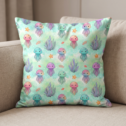 Throw pillow mockup featuring cute pastel jellyfish nursery pattern.