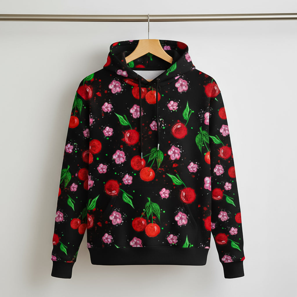 "Black hoodie on a hanger displaying an all-over print of red cherries and pink blossoms."