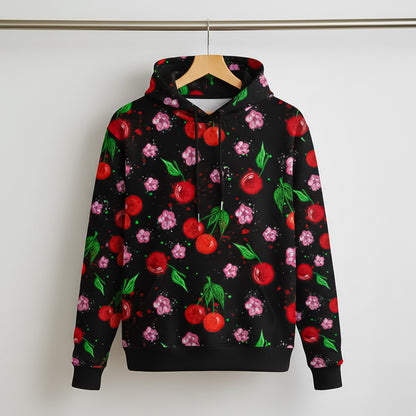 "Black hoodie on a hanger displaying an all-over print of red cherries and pink blossoms."