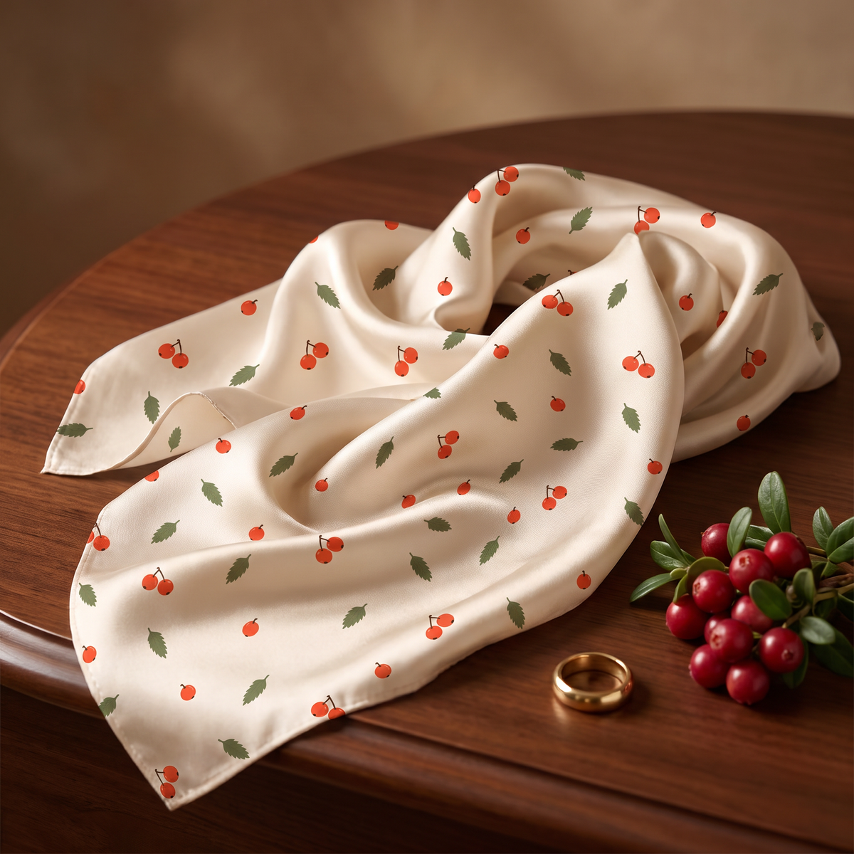 Seamless pattern with red autumn berries and green leaves on dark and light backgrounds for fall wrapping paper.
