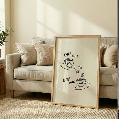 Aesthetic coffee bar decor idea, framed hand drawn coffee art print in a modern neutral kitchen setting