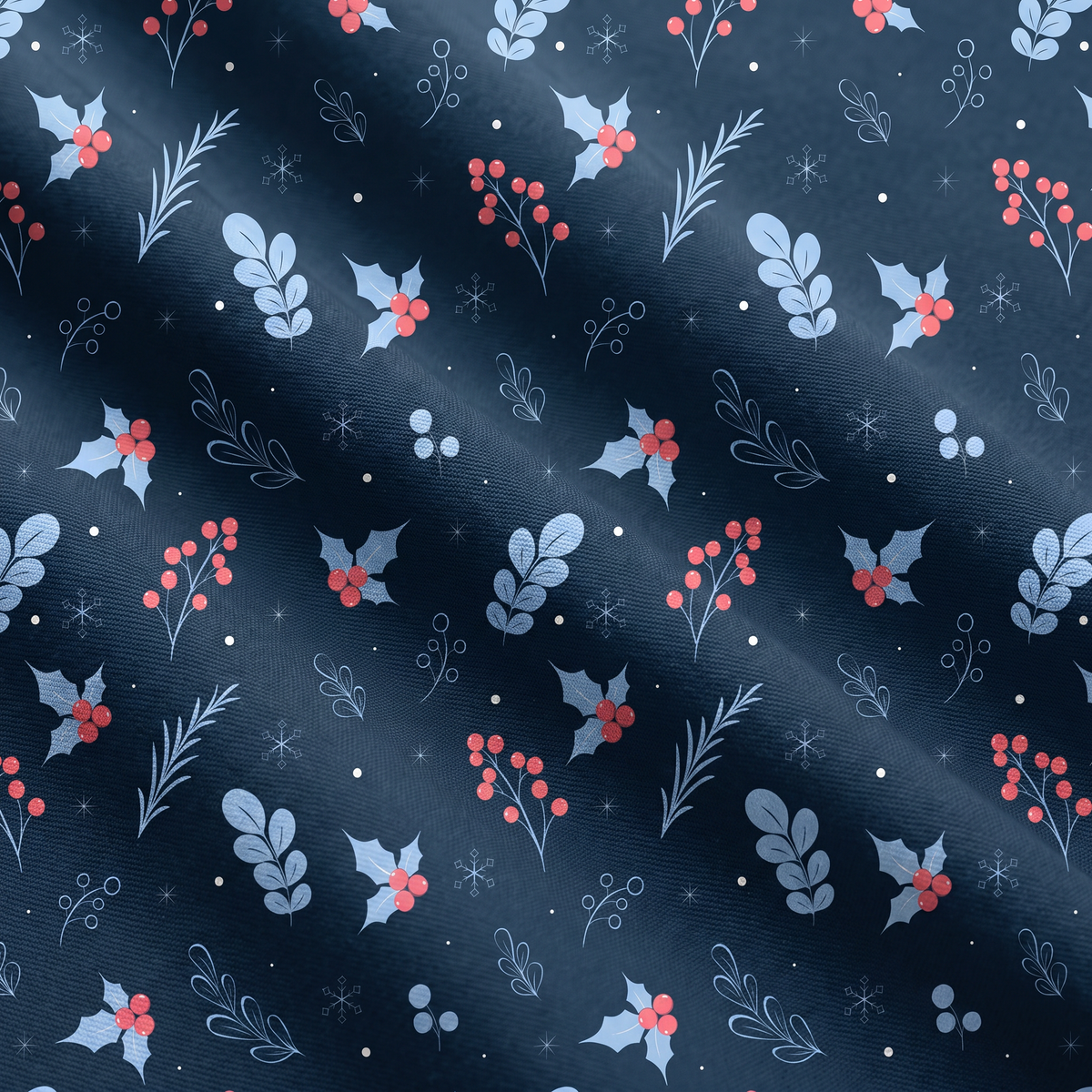 Winter Holly & Berries Seamless Pattern, Navy Blue Christmas Floral Design