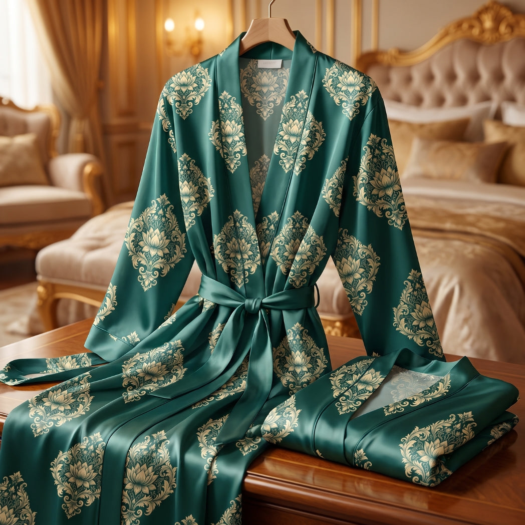 Emerald green silk robe featuring a golden luxury damask seamless pattern.