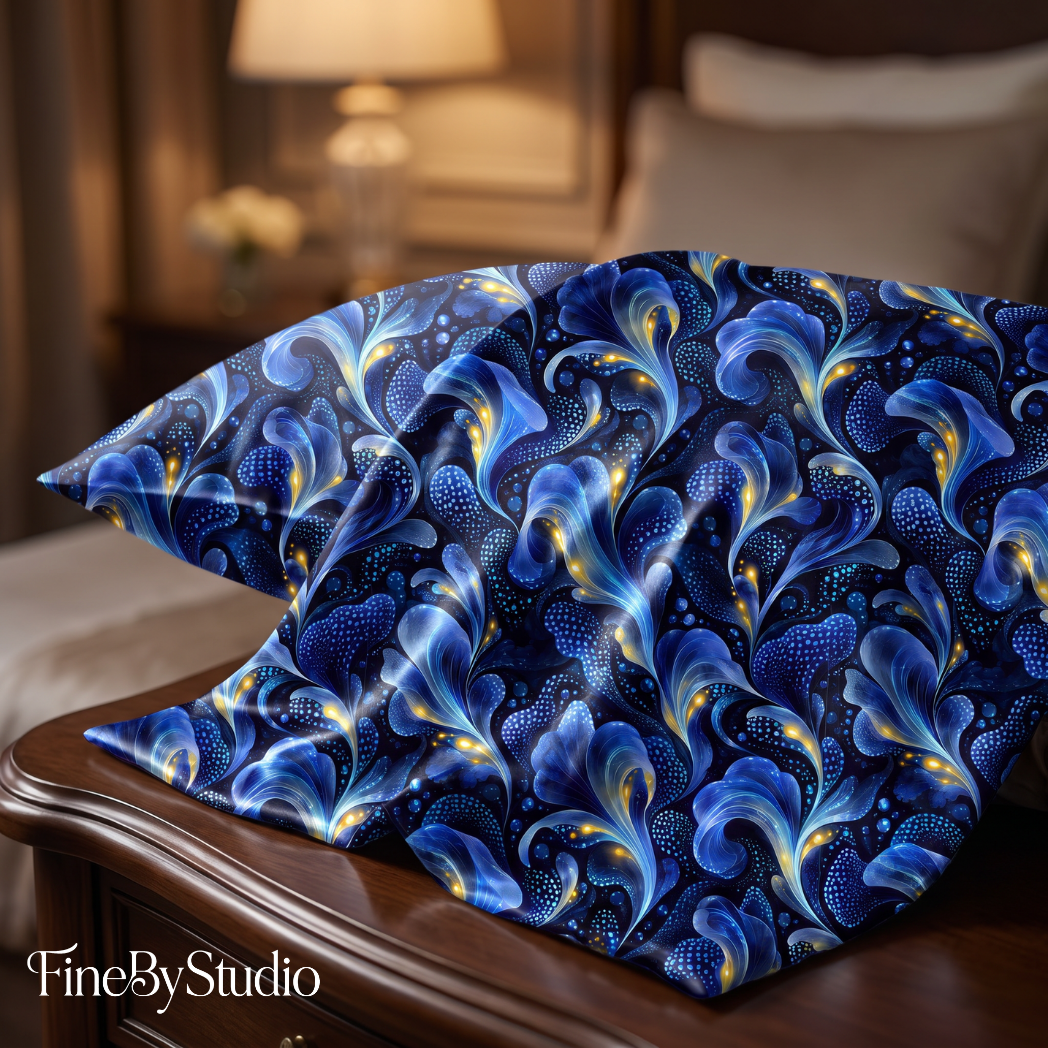 One-of-a-kind midnight blue botanical surface pattern with flowing organic forms and subtle golden accents