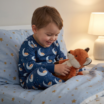 Toddler boy wearing navy blue pajamas printed with a starry night fox pattern.