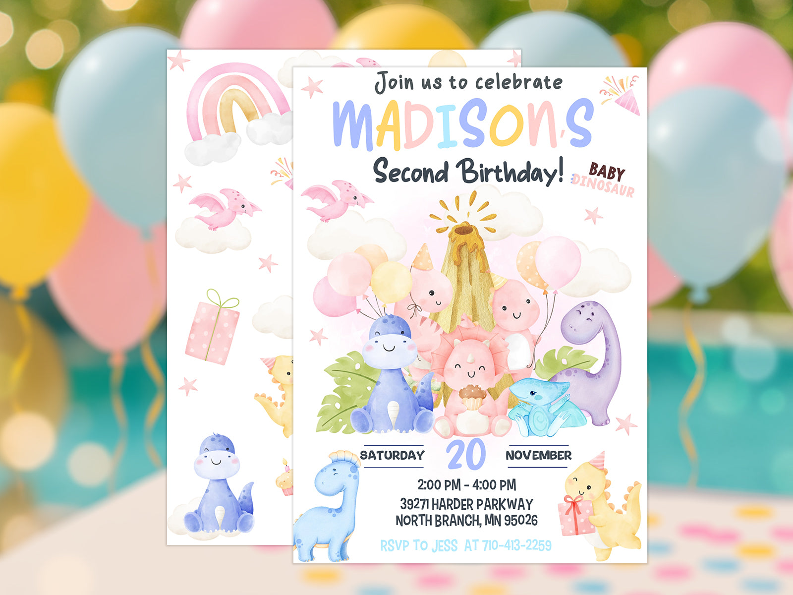 Cute pastel dinosaur girl 2nd birthday invitation with pink rainbows and balloons.
