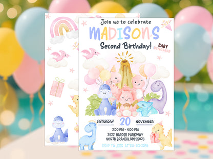Cute pastel dinosaur girl 2nd birthday invitation with pink rainbows and balloons.