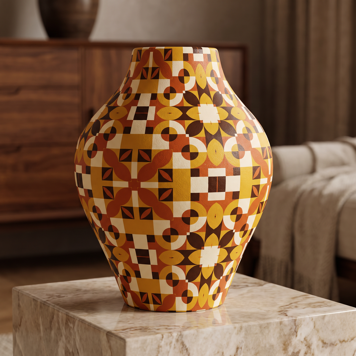 Art Deco geometric terracotta pattern on a decorative vase