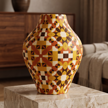Art Deco geometric terracotta pattern on a decorative vase