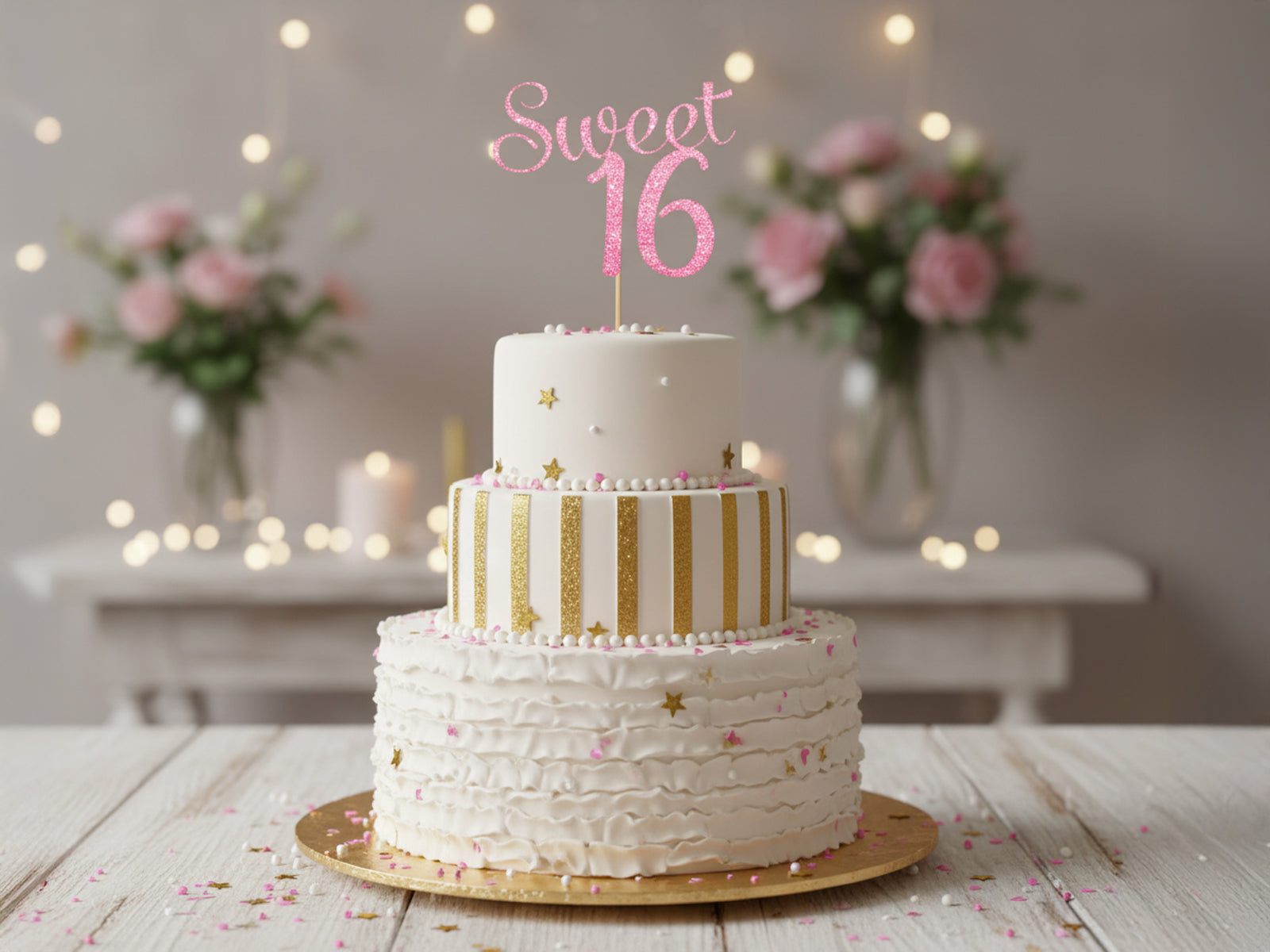 Gold glitter Sweet 16 cake topper on a white birthday cake with candles.
