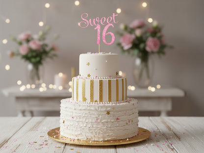 Gold glitter Sweet 16 cake topper on a white birthday cake with candles.
