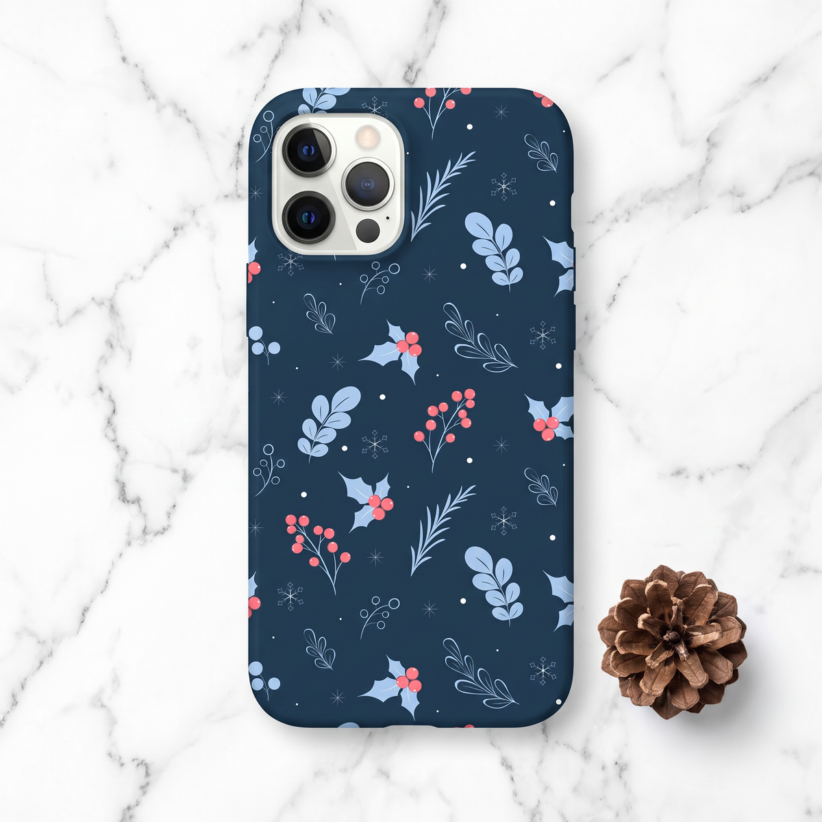 Phone case featuring a winter botanical seamless pattern on a dark blue background.