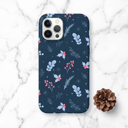 Phone case featuring a winter botanical seamless pattern on a dark blue background.