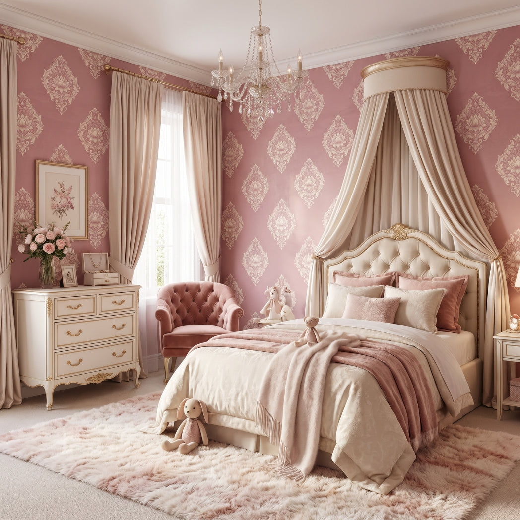 Dusty pink vintage damask wallpaper in a romantic luxury bedroom interior.