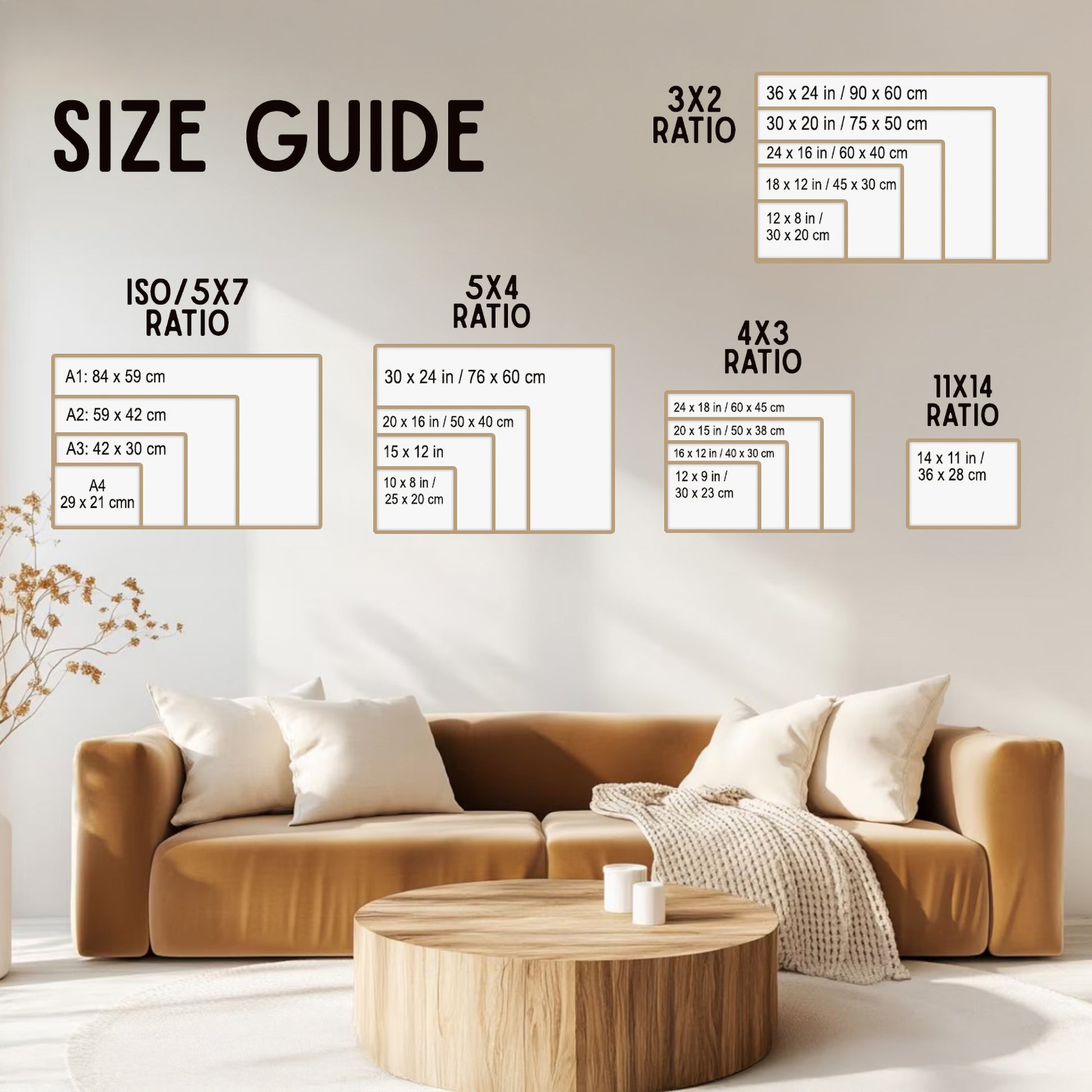 Digital download size guide for horizontal wall art showing 3x2, 4x3, 5x4, 11x14, and ISO printing ratios over a brown velvet sofa