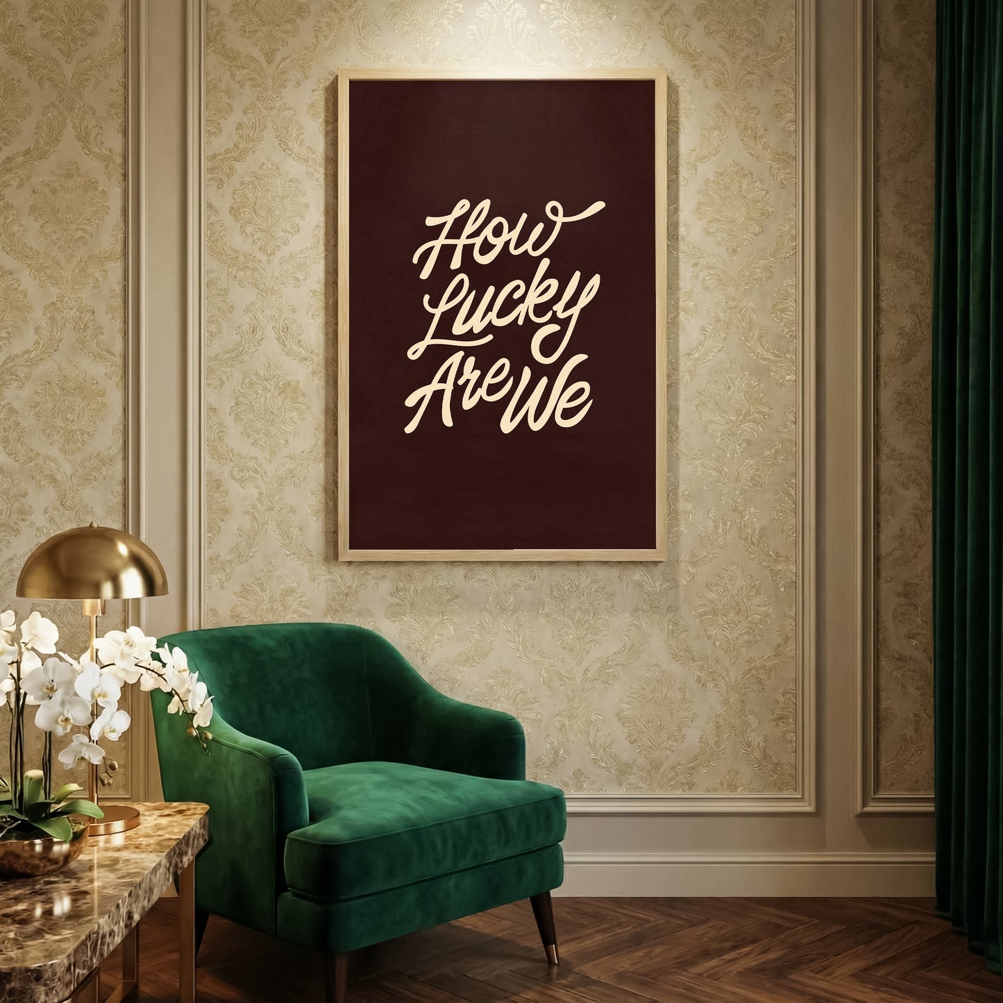 Trendy retro typography poster in a dark neutral room setting with a green velvet chair and warm lighting
