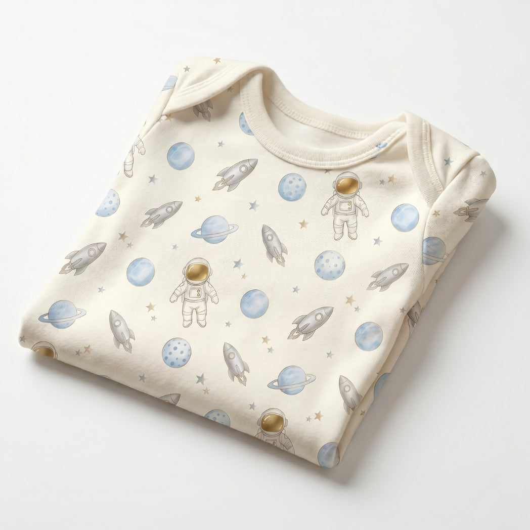 Baby bodysuit mockup featuring sweet lullaby watercolor celestial dragon seamless pattern.
