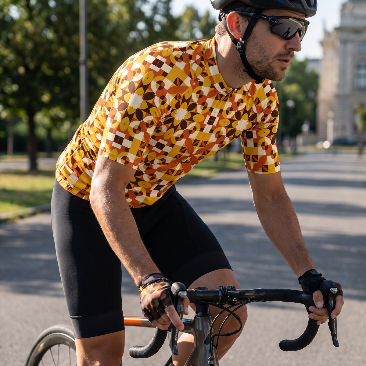 Terracotta and gold geometric pattern on a fashion garment
