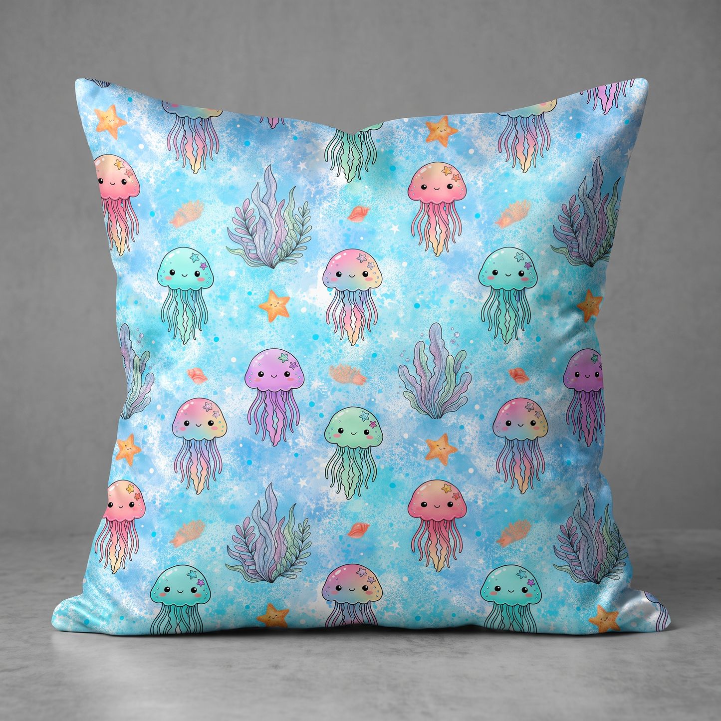 Throw pillow mockup featuring cute pastel jellyfish nursery pattern.