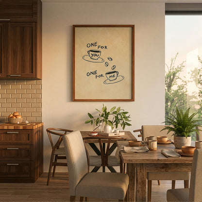 Aesthetic coffee bar decor idea, framed hand drawn coffee art print in a modern neutral kitchen setting