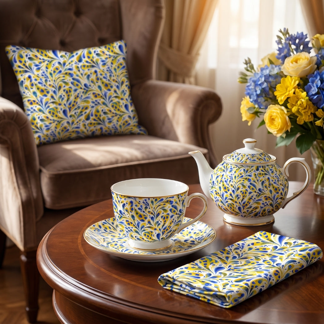 Azure and gold one-of-a-kind watercolor botanical pattern with expressive blue and yellow leaves on a white background