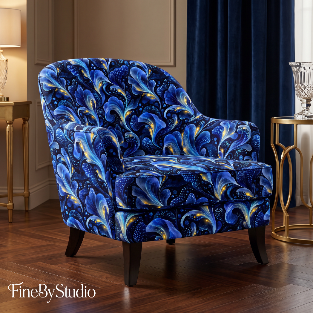 One-of-a-kind midnight blue botanical surface pattern with flowing organic forms and subtle golden accents