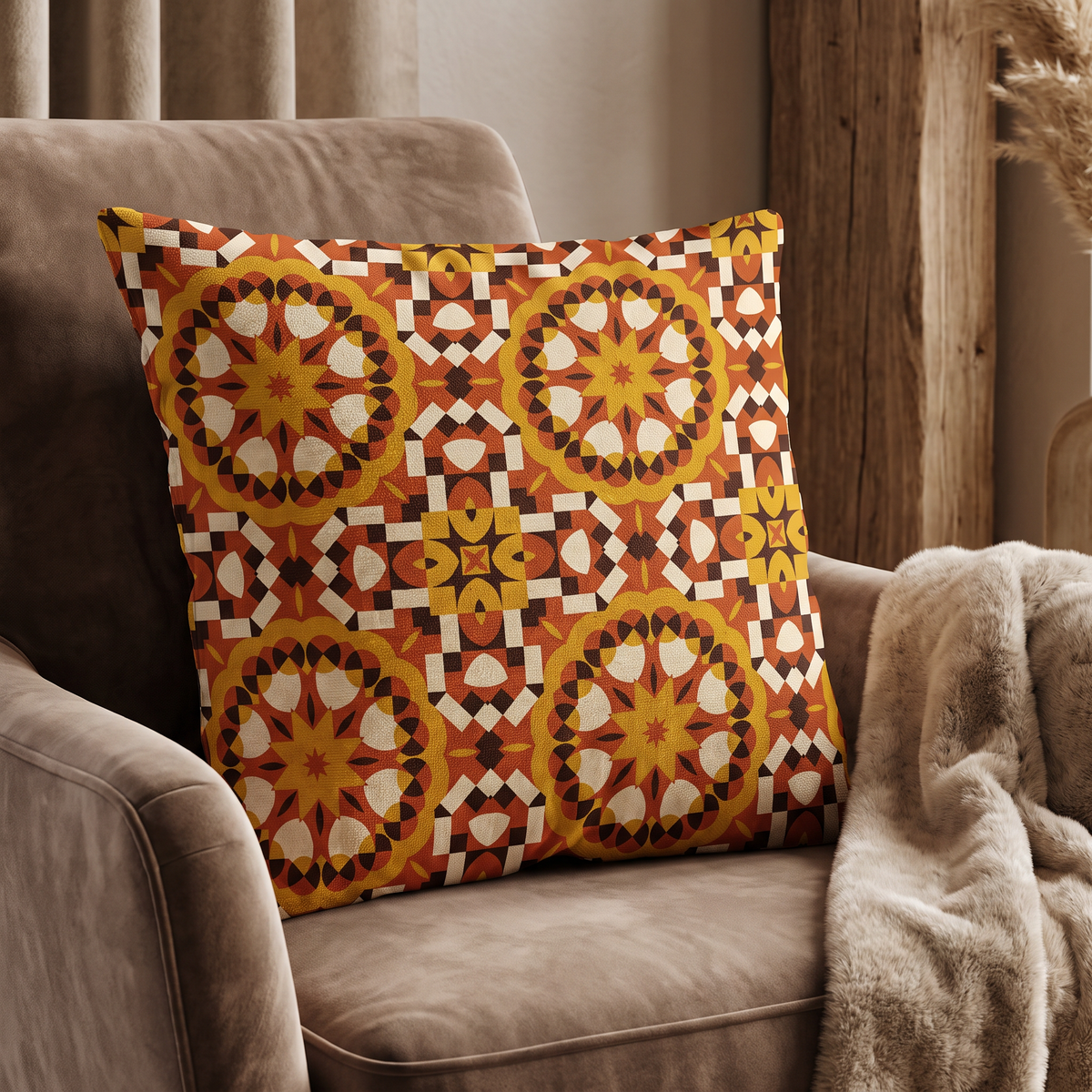 Terracotta and gold mosaic pattern on a decorative cushion