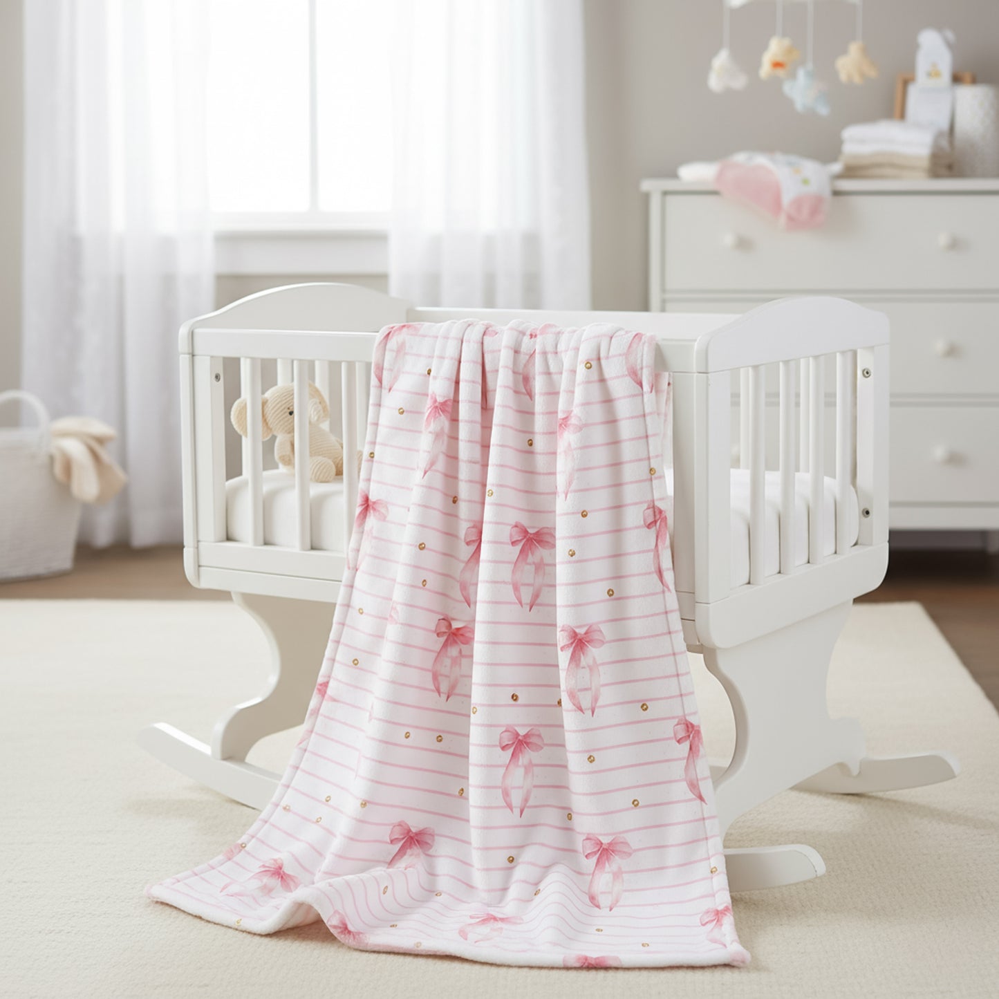 A white baby crib with a blanket featuring a pink bow seamless pattern.