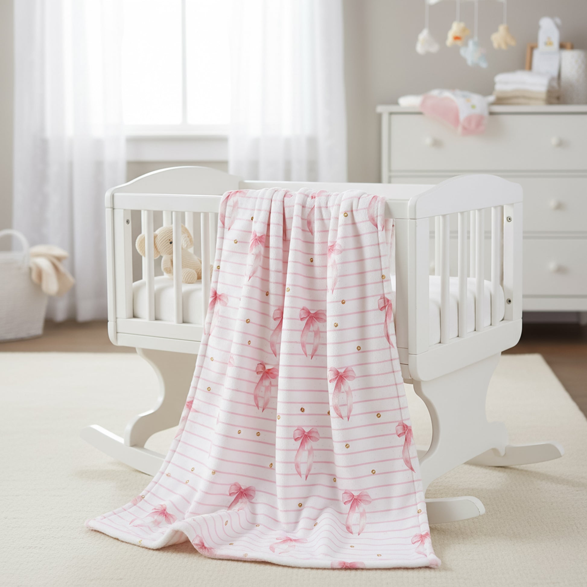 A white baby crib with a blanket featuring a pink bow seamless pattern.