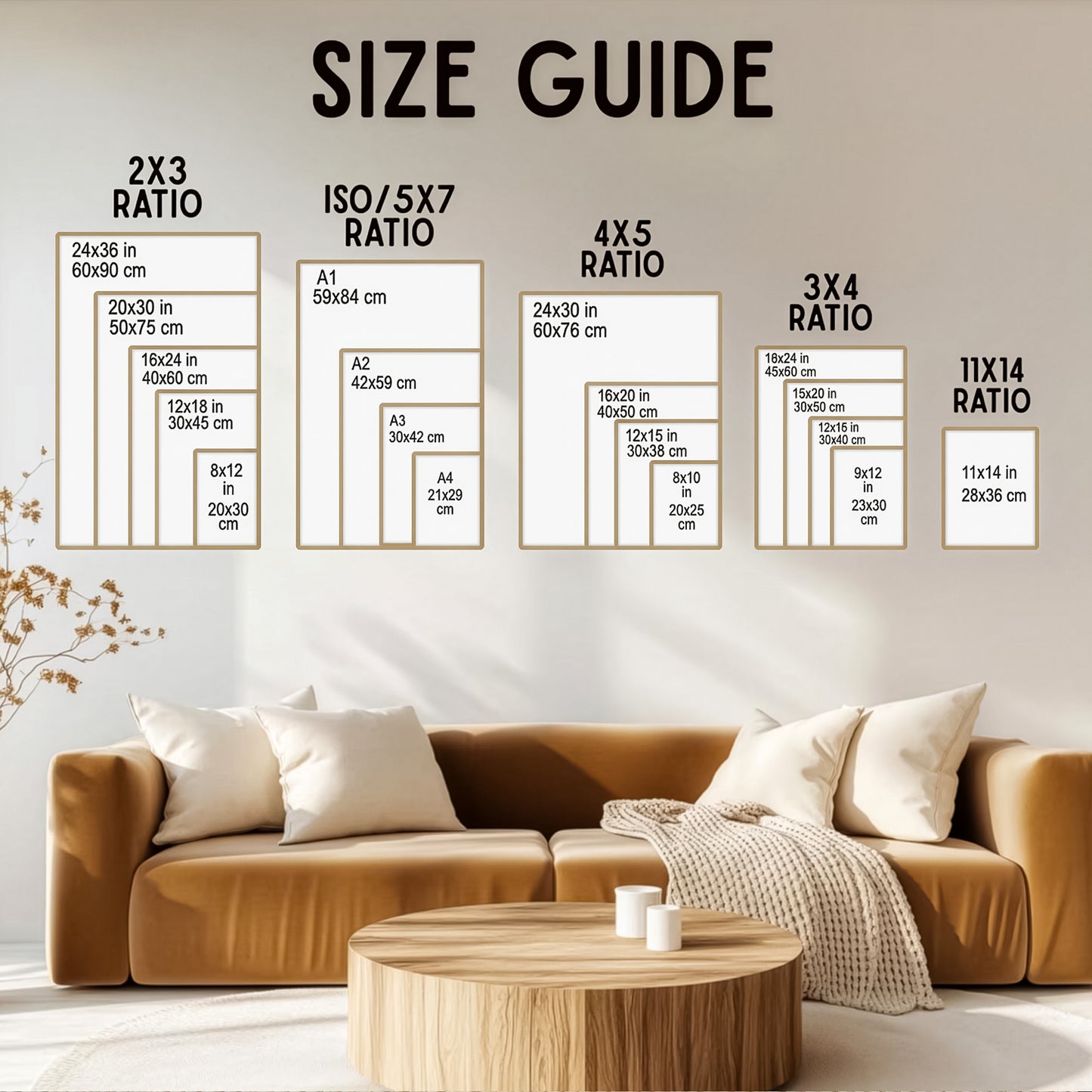 Digital download printable wall art size guide showing 2:3, 3:4, 4:5 and ISO ratios