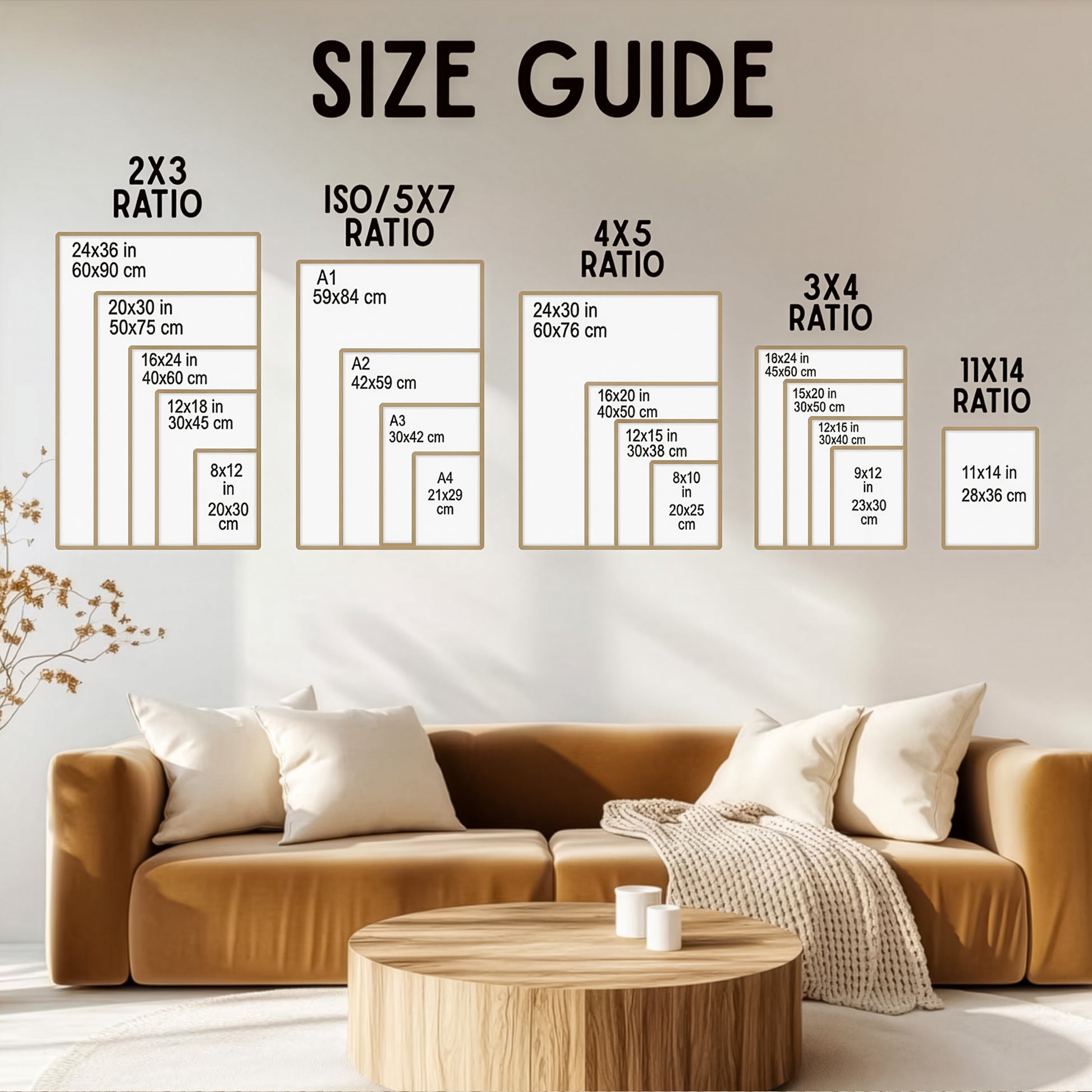Digital download printable wall art size guide showing 2:3, 3:4, 4:5 and ISO ratios