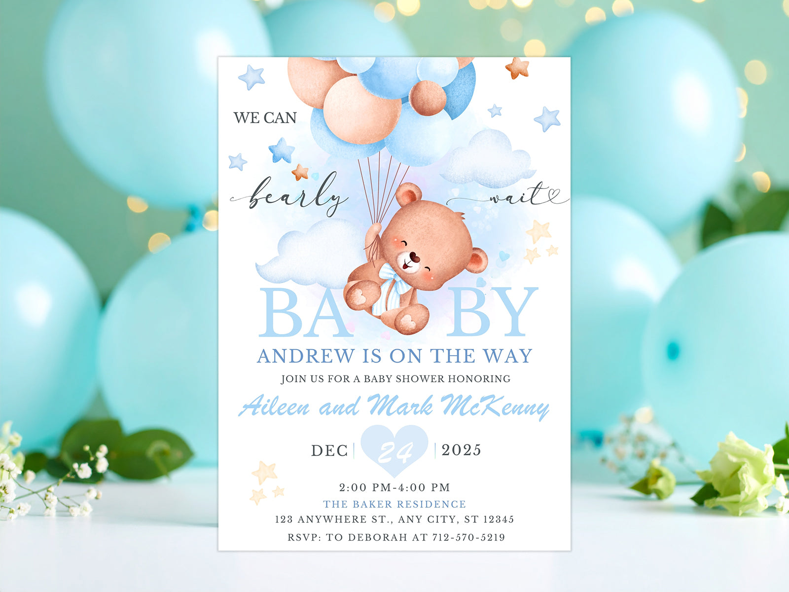 Blue and white baby shower invitation featuring a brown teddy bear floating with a bunch of blue and beige balloons.