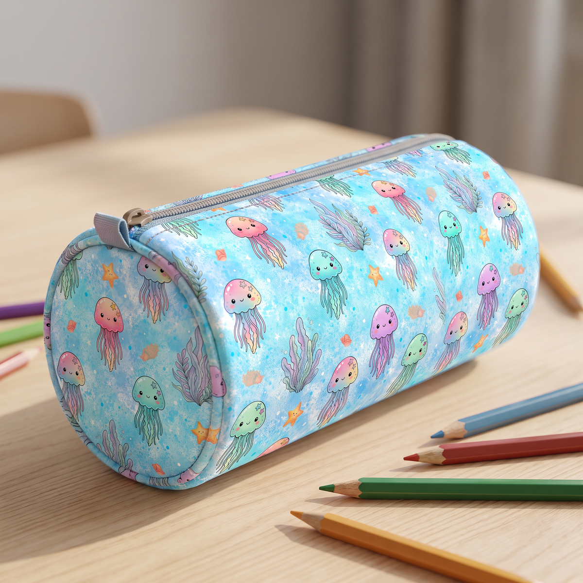 Kids pencil case mockup with cute ocean seamless pattern.